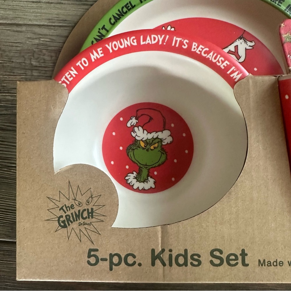 The Grinch kids tableware set NWT bamboo plate bowl cup fork spoon Christmas - Picture 2 of 5
